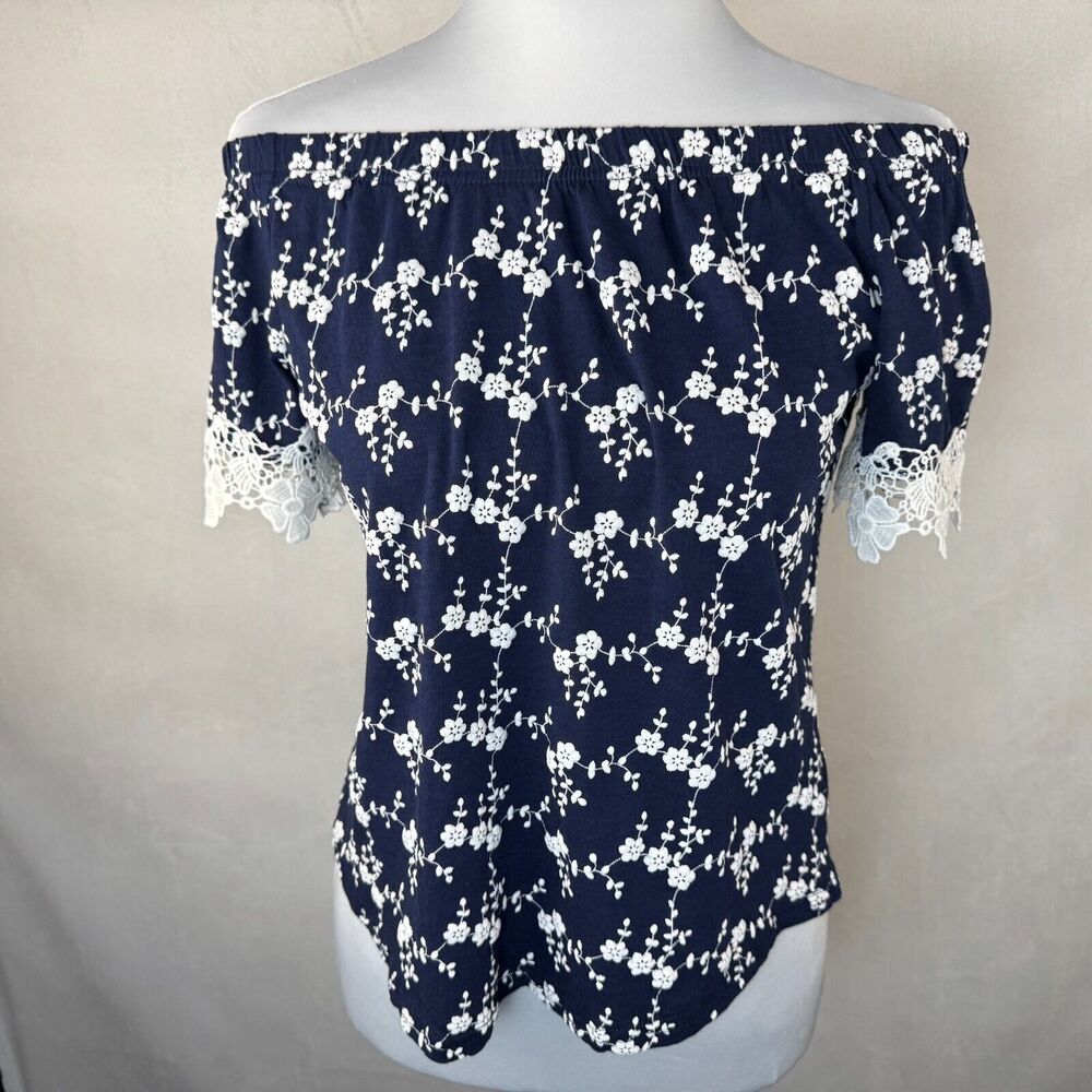 Roommates Sz S Navy Off The Shoulder Cropped Embroidered Short Sleeve Lace Trim